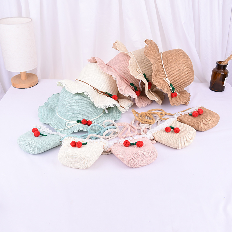 New Children&#039;s Fruit Cherry Straw Hat Summer Baby Girl Fashion Small Fresh Crossbody Bag Travel Cute Princess Hat
