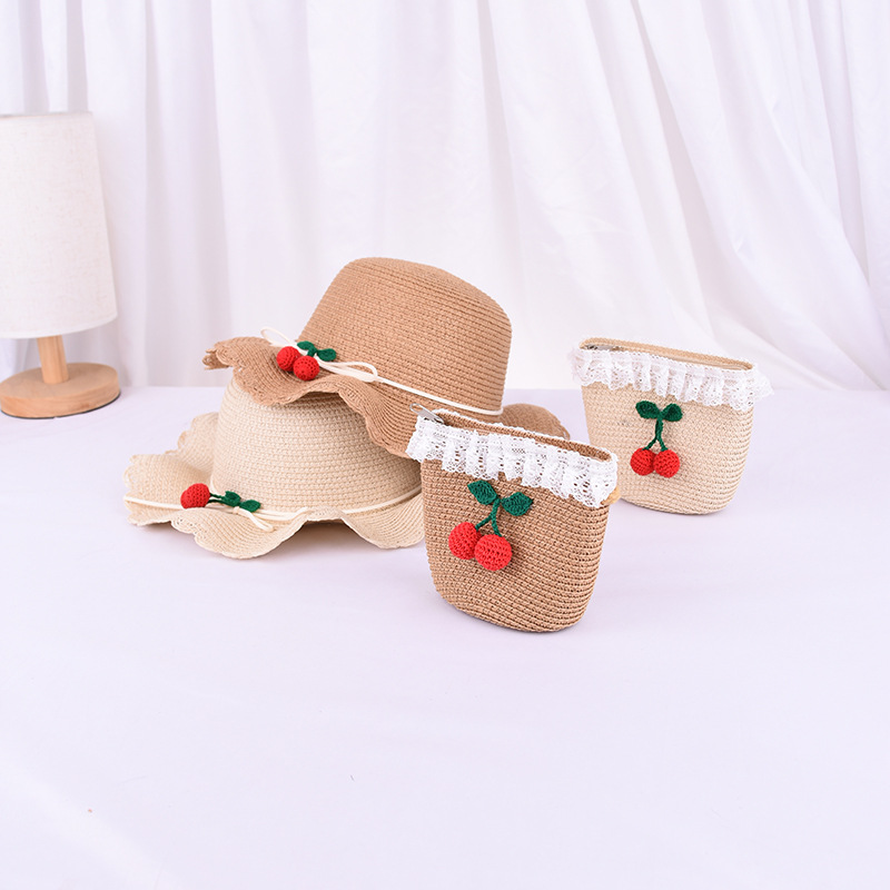 New Children&#039;s Fruit Cherry Straw Hat Summer Baby Girl Fashion Small Fresh Crossbody Bag Travel Cute Princess Hat