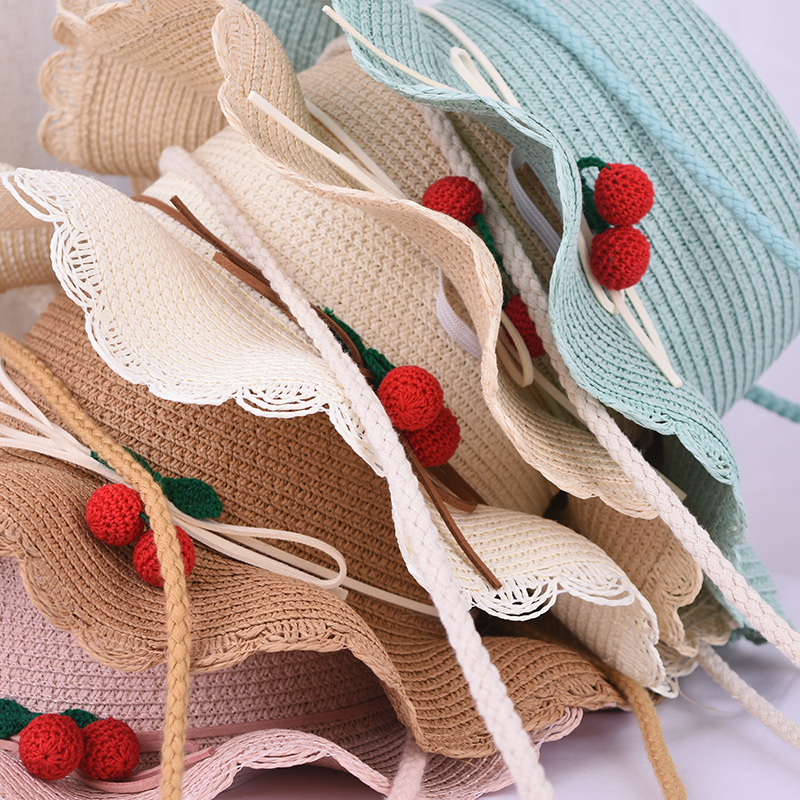 New Children&#039;s Fruit Cherry Straw Hat Summer Baby Girl Fashion Small Fresh Crossbody Bag Travel Cute Princess Hat