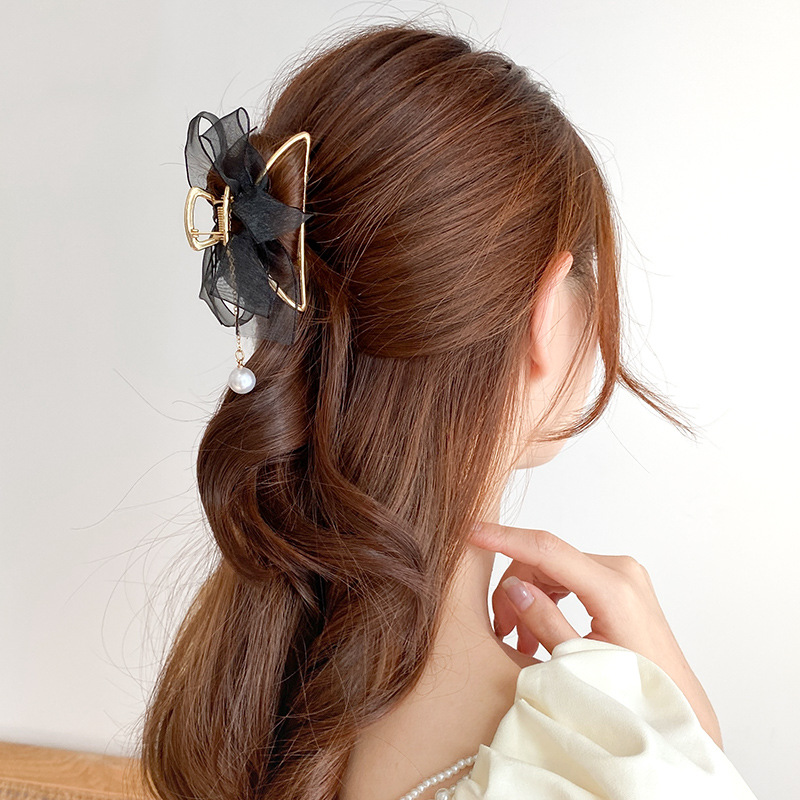 Mesh Bow Pearl Tassel Metal Grip Fairy Shark Clip Hairpin Ins Online Influencer Headdress Hair Grip Alloy Hairpin