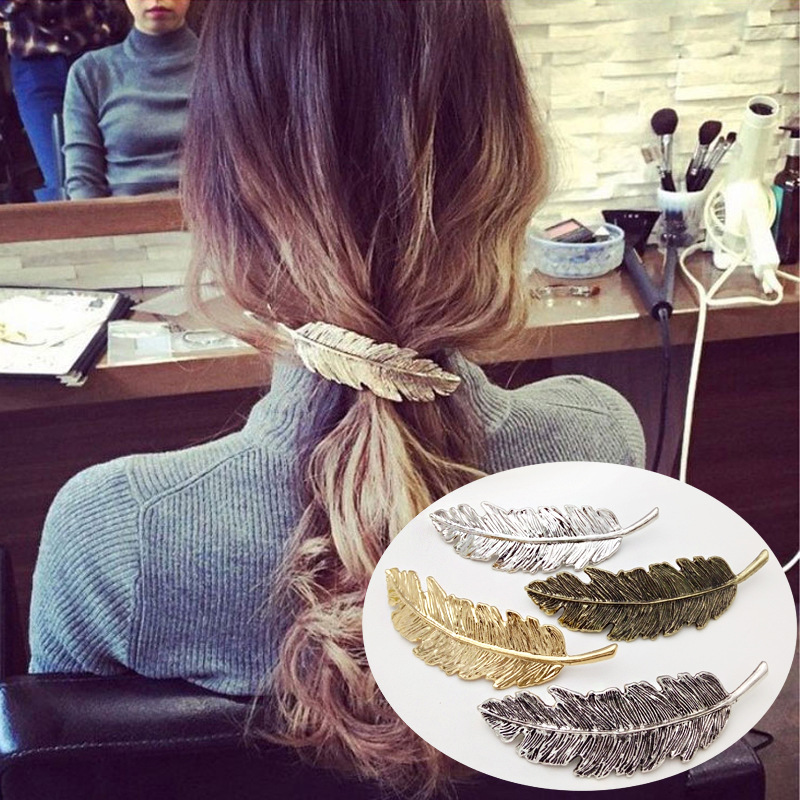 Hot Selling Popular Hair Accessories Cross-Border Retro Exaggerated Alloy Headwear Feather Hairpin Spring Side Clip Ponytail Clip Factory Straight