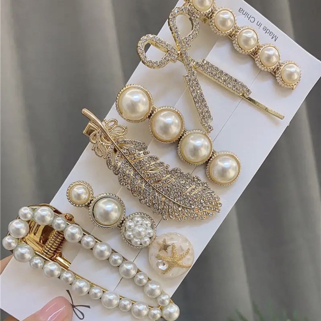 Feather Barrettes 6-Piece Set Scissors Pearl Alloy Hairpin Internet Celebrity Word Clip Grip Duckbill Clip Pearl Hairpin