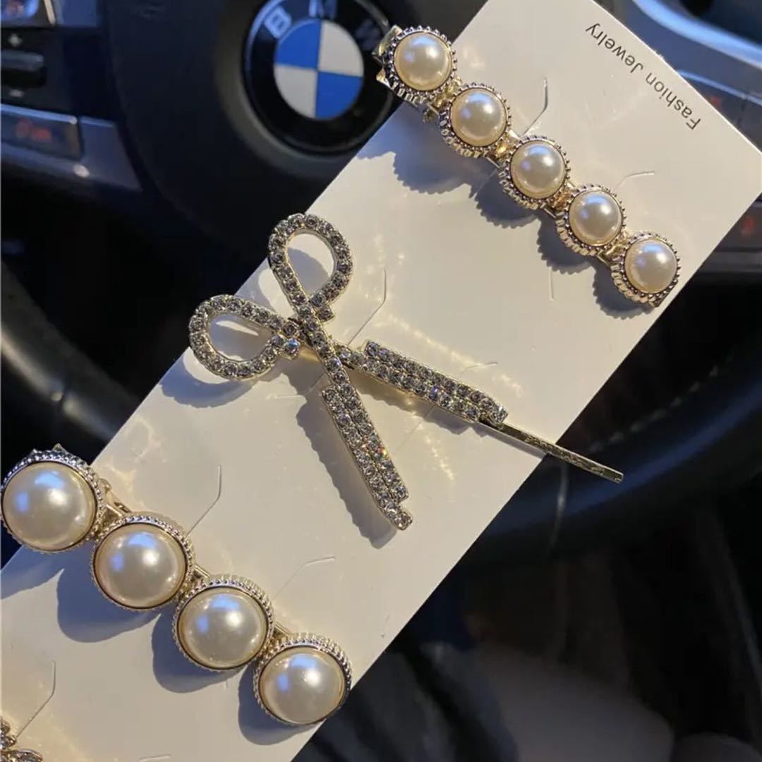 Feather Barrettes 6-Piece Set Scissors Pearl Alloy Hairpin Internet Celebrity Word Clip Grip Duckbill Clip Pearl Hairpin