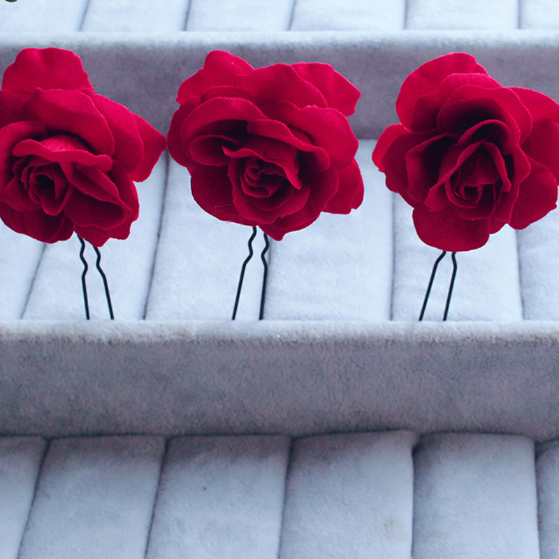 Qiaoxiaofang Korean Style Red Rose Hairpin Flower Hair Hoop for Braid Pin Bridal Headdress Hairpin U-Shaped Ornament