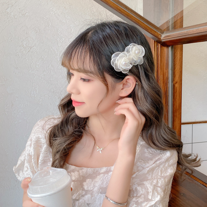 White Barrettes Super Fairy Summer Rose Camellia Flower Barrettes Bang Side Clip Chanel-Style Female Rose Hairpin