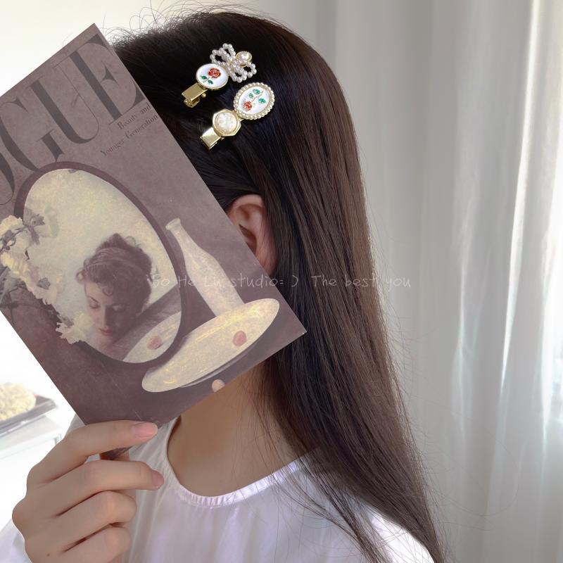 Original Design French Pastoral Style Rose Pearl Barrettes Japanese Side Clip Hairpin Clip Fringe Bobby Pin Rose Hairpin