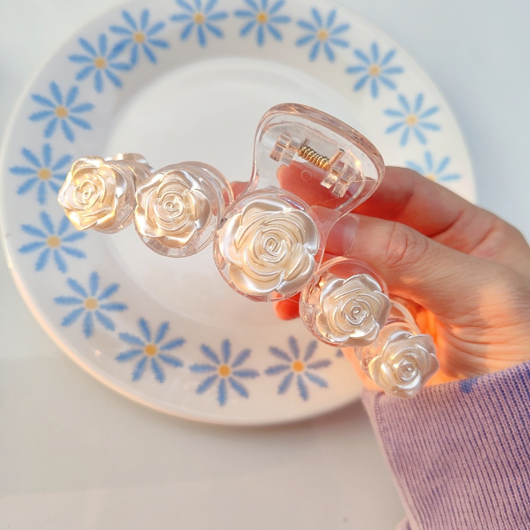 White Rose Grip ~ Transparent Large Hair Claw out Hairpin Retro Elegant Girls Bath Barrettes Rose Hairpin