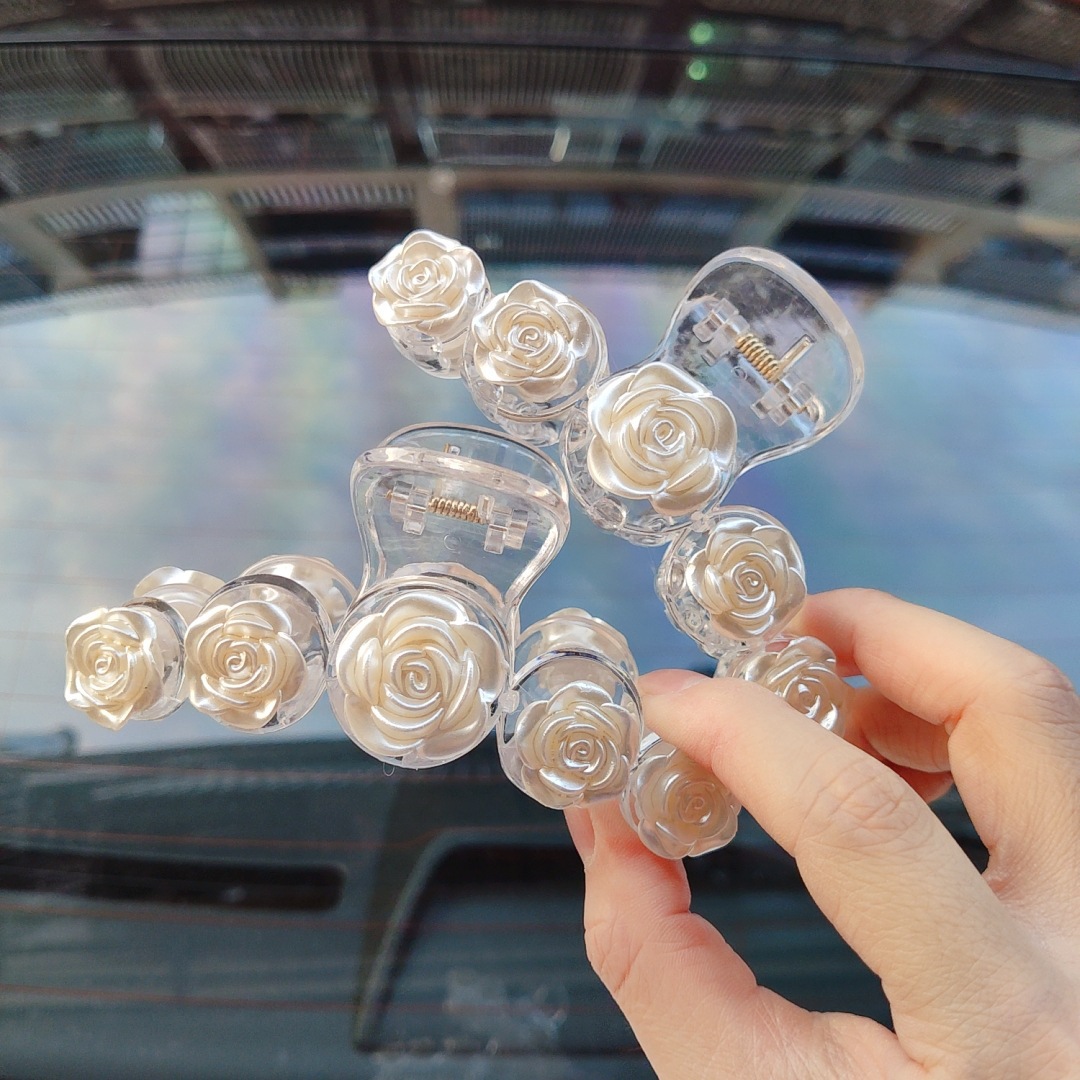 White Rose Grip ~ Transparent Large Hair Claw out Hairpin Retro Elegant Girls Bath Barrettes Rose Hairpin