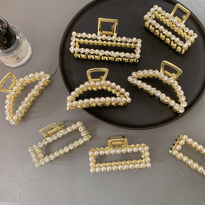 Large Head Hair Claw Grip French Metal Barrettes Rhinestone Pearl Hairpin Hair Claw Women