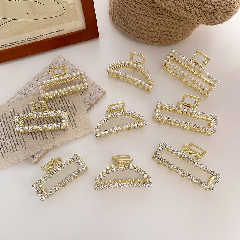 Large Head Hair Claw Grip French Metal Barrettes Rhinestone Pearl Hairpin Hair Claw Women