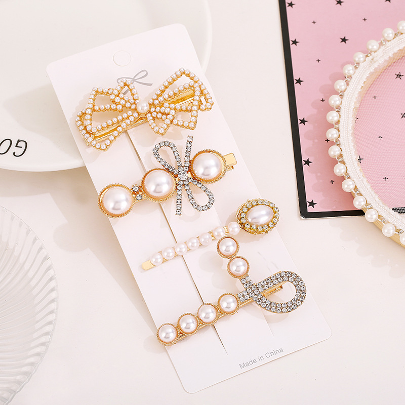 Korean Style Internet Celebrity Dongdaemun Feather Alloy Barrettes 6-Piece Set Scissors Pearl Hairpin Clip Grip Duckbill Clip