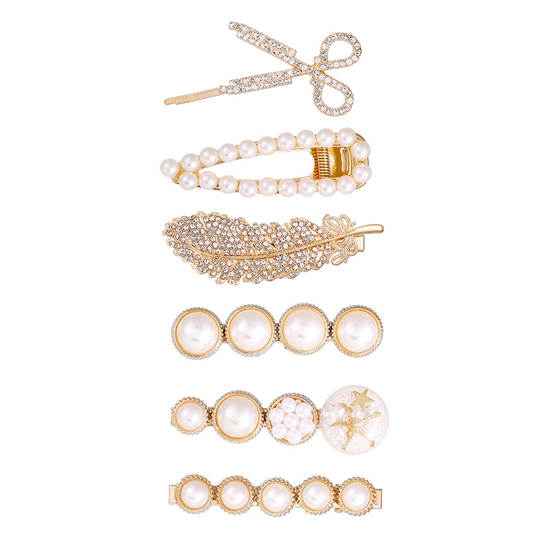 Korean Style Internet Celebrity Dongdaemun Feather Alloy Hairpin 6-Piece Set Scissors Pearl Hairpin Clip Clip Duckbill Clip