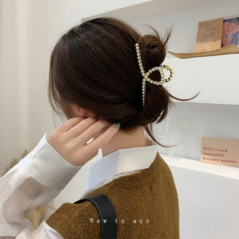 Women&#039;s Korean-Style Rhinestone Ins Pearl Hairpin Large Grip Hair Claw Hair Clip Top Clip Shark Clip Hairware