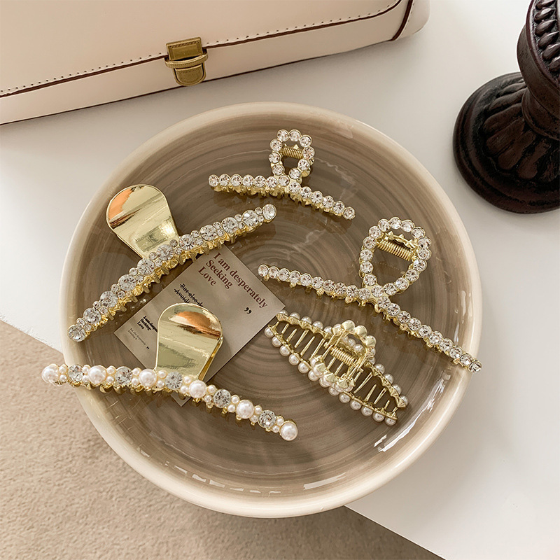Women&#039;s Korean-Style Rhinestone Ins Pearl Hairpin Large Grip Hair Claw Hair Clip Top Clip Shark Clip Hairware