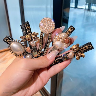 Korean Hairpin Women&#039;s Side Clip Retro Chanel Style Net Red Hair Clip Headdress Pearl Edge Clip Bang Clip BB Hairpin