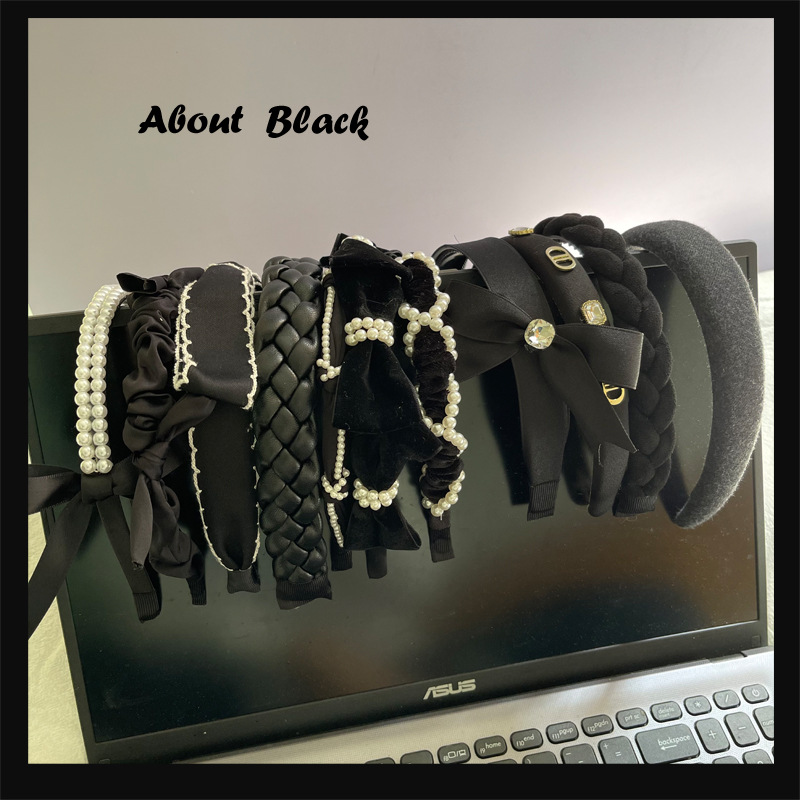 About Black ~ French Black Headband Sweet Black Pearl Hairpin Knitted Headband Height Increasing Headband Wide Edge Hair