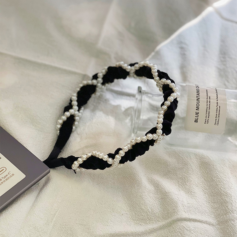 About Black ~ French Black Headband Sweet Black Pearl Hairpin Knitted Headband Height Increasing Headband Wide Edge Hair