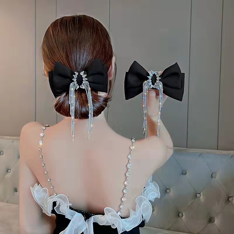 Black Bow Headdress Women &#039;S New Tassel Exquisite Spring Hairpin High-End Korean-Style Back Head Hair Accessories