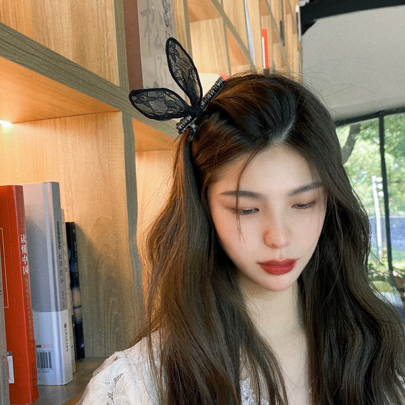 2021korean Bangs Clip Duckbill Clip Black Lace Rabbit Ears Bow Sweet Cute Adult Hairpin Rabbit Hairpin