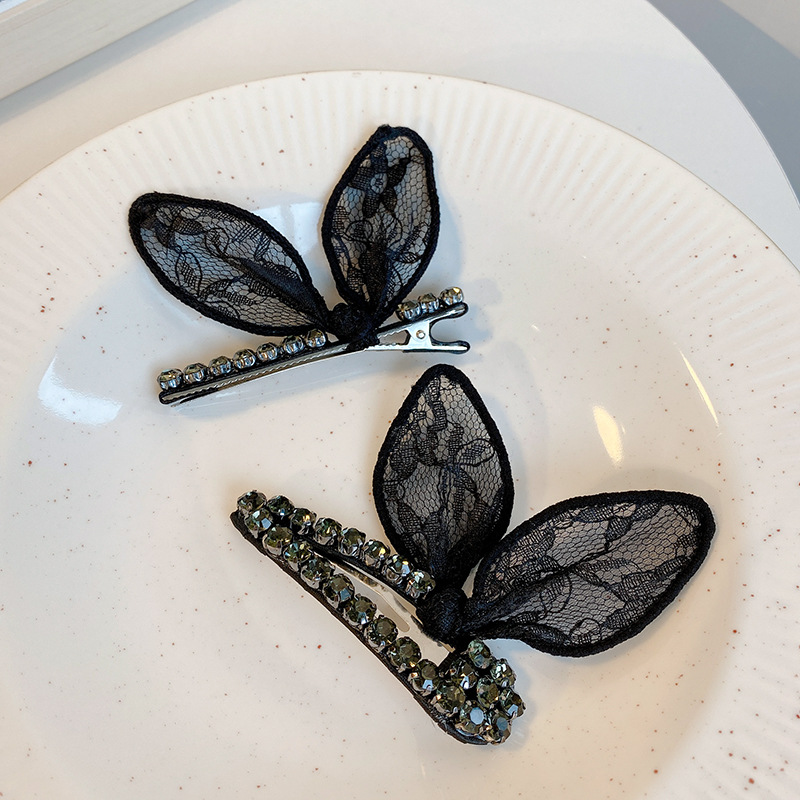 2021korean Bangs Clip Duckbill Clip Black Lace Rabbit Ears Bow Sweet Cute Adult Hairpin Rabbit Hairpin