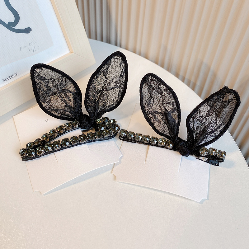 2021korean Bangs Clip Duckbill Clip Black Lace Rabbit Ears Bow Sweet Cute Adult Hairpin Rabbit Hairpin