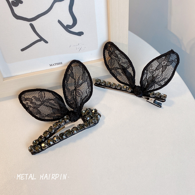 2021korean Bangs Clip Duckbill Clip Black Lace Rabbit Ears Bow Sweet Cute Adult Hairpin Rabbit Hairpin