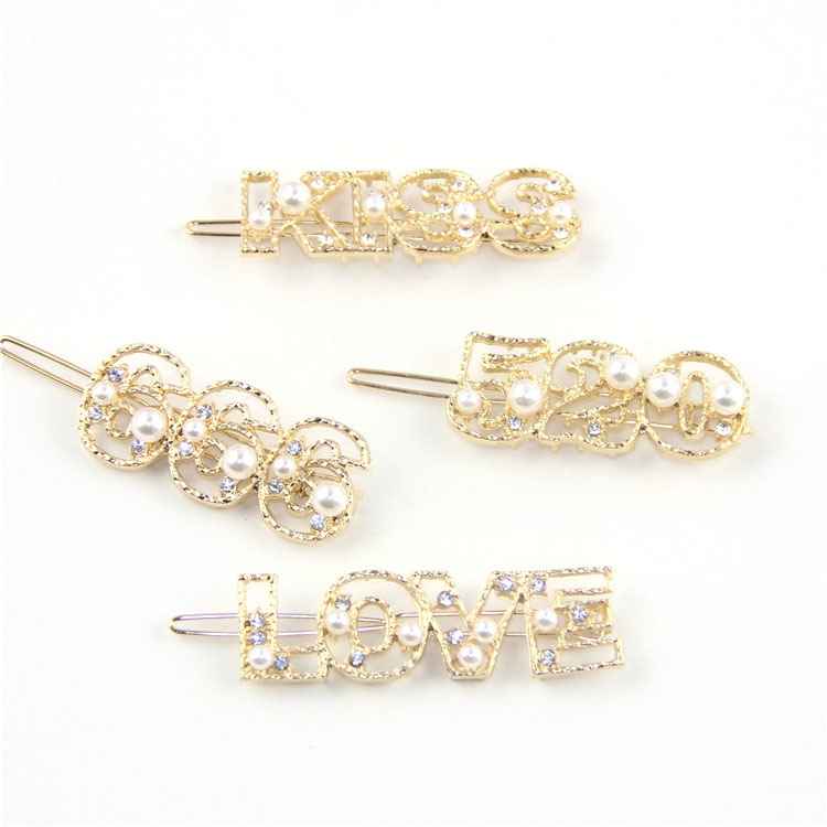 Korean Style New Creative Letter Barrettes Internet Celebrity INS Metal Hollow Digital Pearl Diamond-Embedded Side Clip Hairpin Hair Accessories