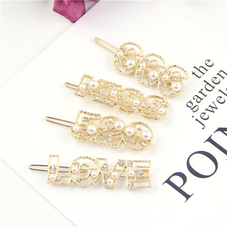 Korean Style New Creative Letter Barrettes Internet Celebrity INS Metal Hollow Digital Pearl Diamond-Embedded Side Clip Hairpin Hair Accessories
