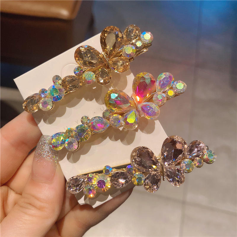 Colorized Butterfly Big Czech Diamond Hair Clip Hairpin Crystal Diamond Word Clip Korean Style Girl Back Head Hairpin in Stock