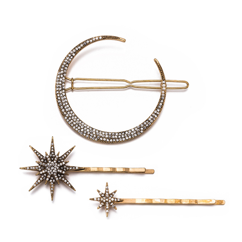 Factory Direct Sales European and American Japanese Hair Accessories Retro Geometric Diamond Moon Snowflake Star Hairpin Set Word Clip