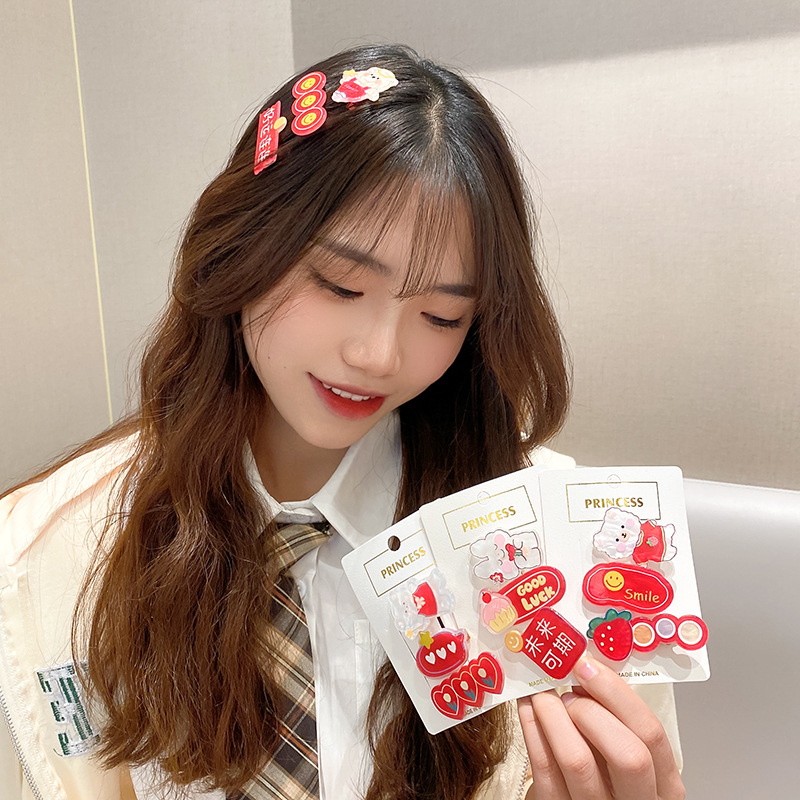 Cartoon Cute Bear Barrettes Three-Piece Set Internet Influencer Hairpin Acrylic Side Clip Female Good Luck Continuous Barrettes