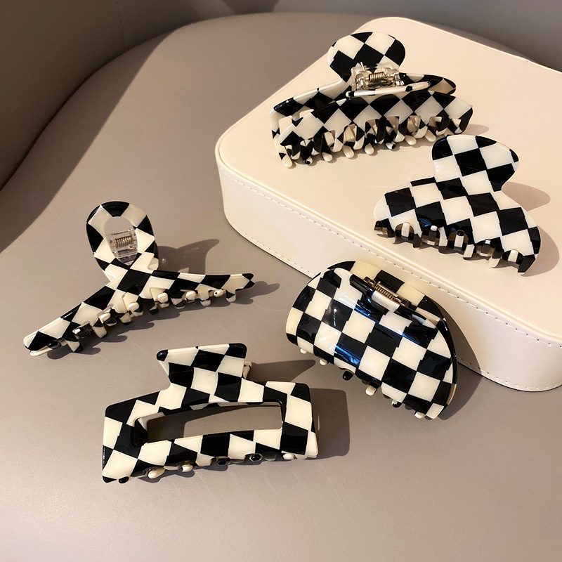 Simple Black and White Chessboard Grid Barrettes Korean Ins Large Geometric Acrylic Back Head Shark Clip Acrylic Hairpin