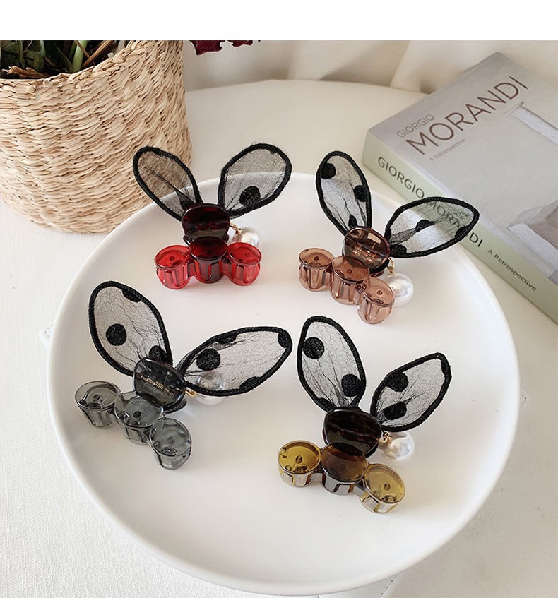 Lace Three-Dimensional Rabbit Ears Grip Bangs Broken Hair Gap Former Red Same Pearl Hairpin for Women Rabbit Hairpin