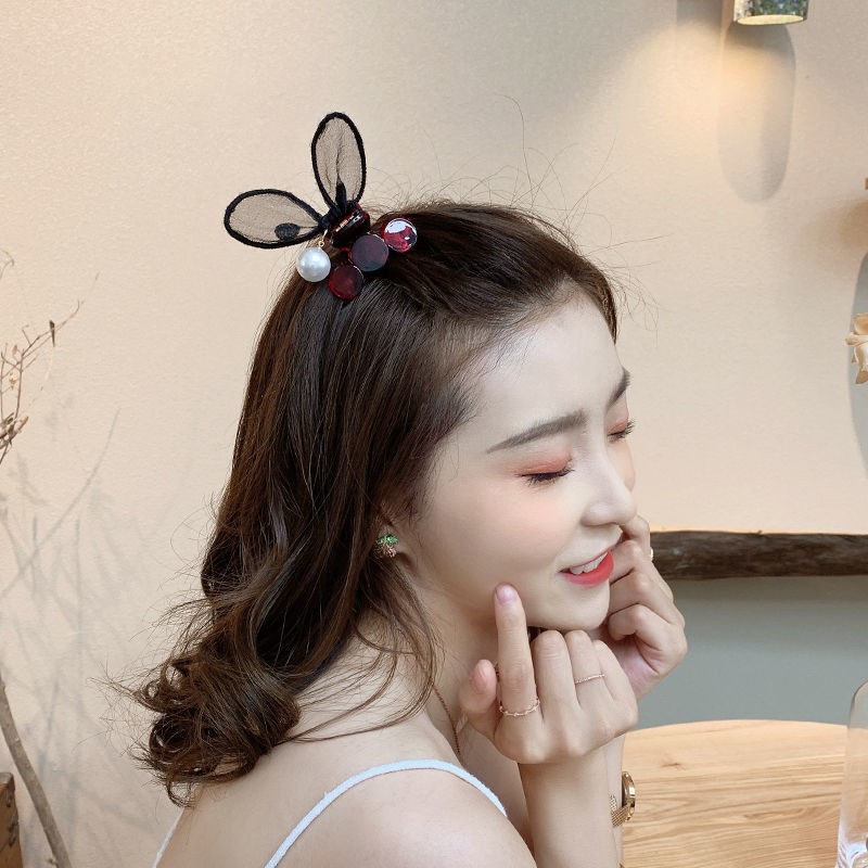Lace Three-Dimensional Rabbit Ears Grip Bangs Broken Hair Gap Former Red Same Pearl Hairpin for Women Rabbit Hairpin