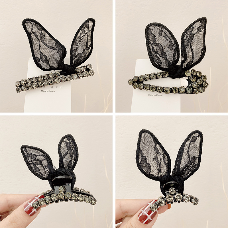  Rabbit Ears Barrettes Female Grip Hairpin Net Red Top Dignified Rhinestone Bang Clip Wholesale Rabbit Hairpin