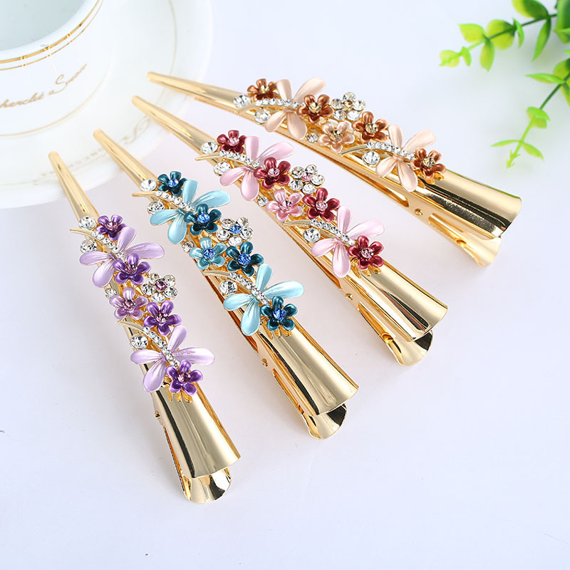 Yiwu Korean version hairpin 13cm women&#039;s duck mouth clip manufacturers original alloy paint flowers horsetail horn clip