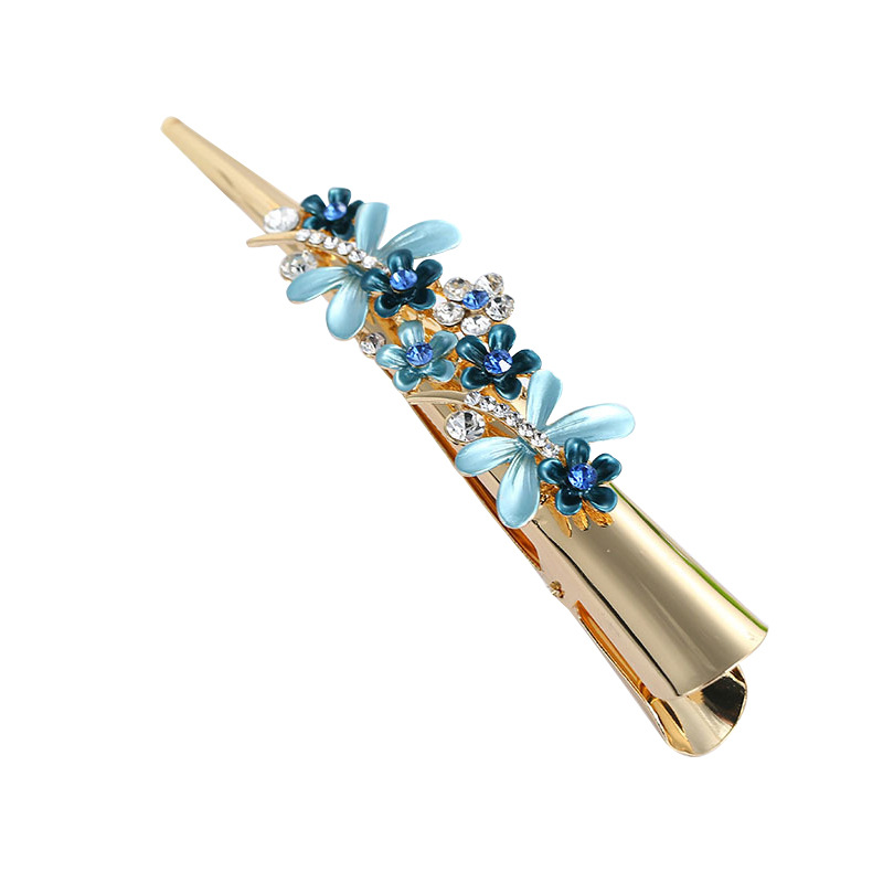 Yiwu Korean version hairpin 13cm women&#039;s duck mouth clip manufacturers original alloy paint flowers horsetail horn clip
