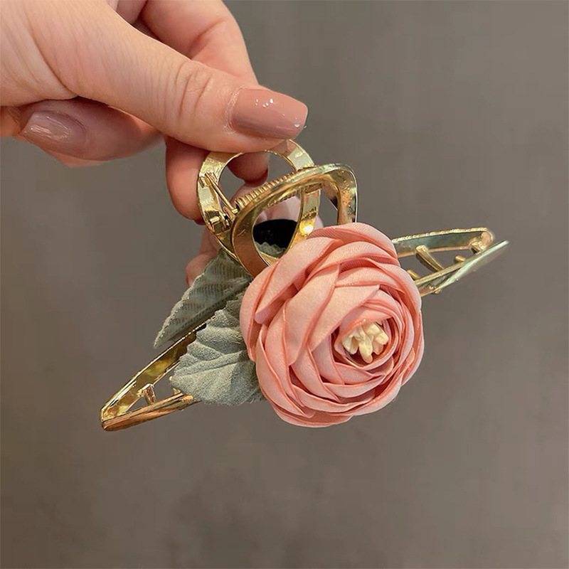 French Flower Barrettes Female Elegant Rose Metal Grip Large Shark Clip Back Head Clip Hairware Rose Hairpin