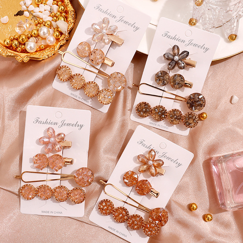 Crystal Barrettes Set Korean Style Flower Barrettes Metal Side Clip Fashion Girl Side Top Gap Former Red Hairpin