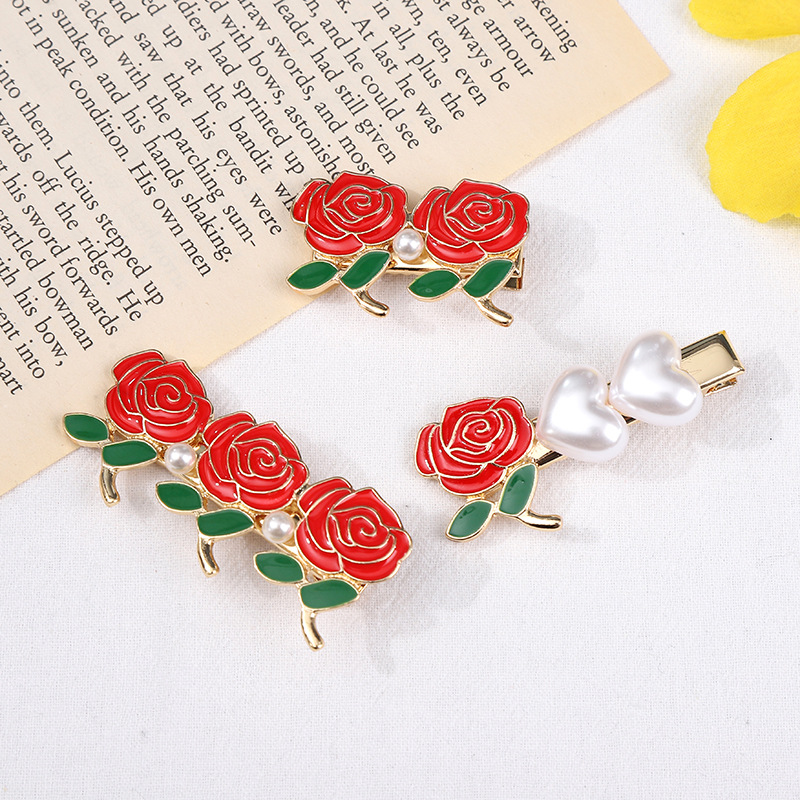 Heart Vintage French Pearl Flower Hairpin Bang Clip Girl Bar Shaped Hair Clip Headdress Female Rose Hairpin
