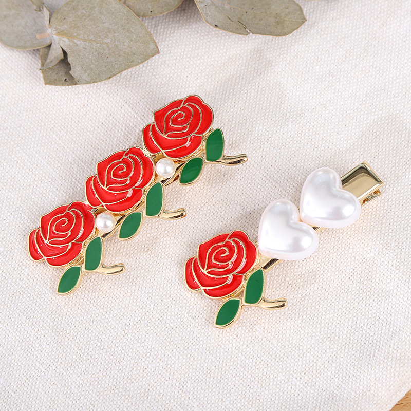 Heart Vintage French Pearl Flower Hairpin Bang Clip Girl Bar Shaped Hair Clip Headdress Female Rose Hairpin