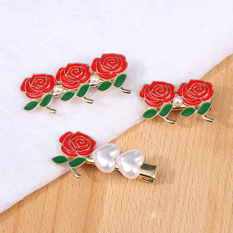 Heart Vintage French Pearl Flower Hairpin Bang Clip Girl Bar Shaped Hair Clip Headdress Female Rose Hairpin