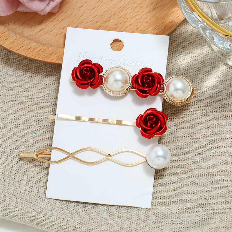  Hot Suit Pearl Barrettes Three-Piece Rose Clip Flower Side Clip Korean Style Two Yuan Shop Ornament Rose Hairpin