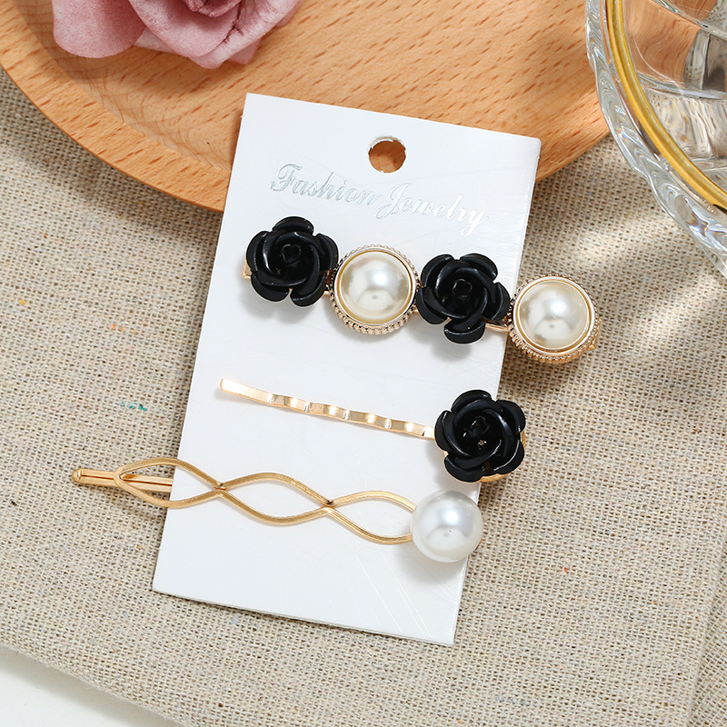  Hot Suit Pearl Barrettes Three-Piece Rose Clip Flower Side Clip Korean Style Two Yuan Shop Ornament Rose Hairpin