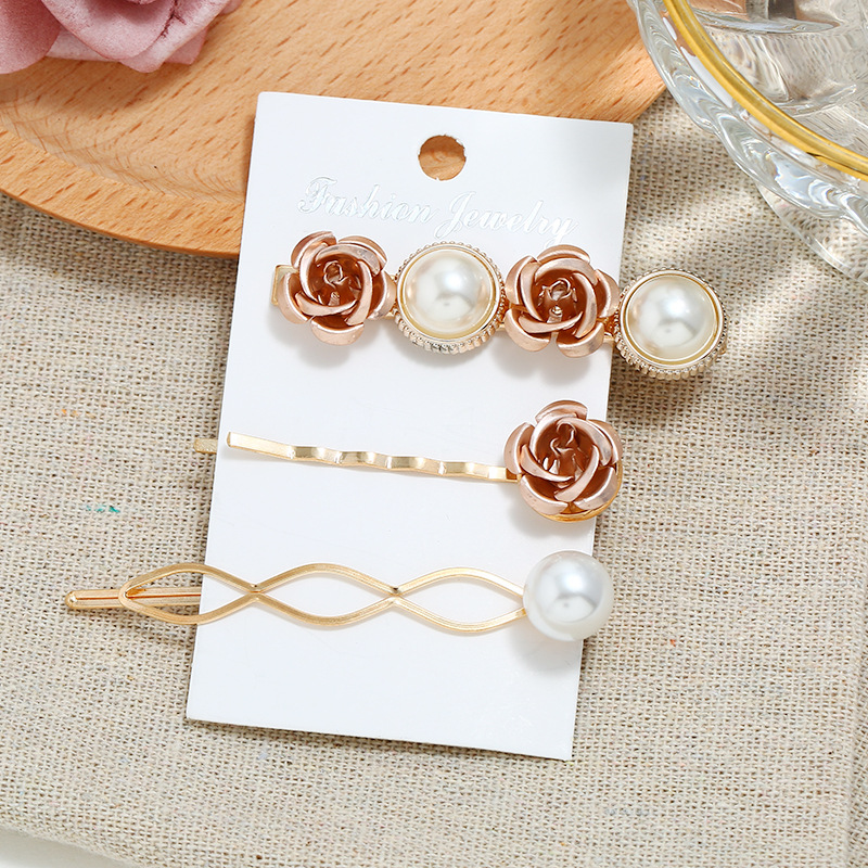  Hot Suit Pearl Barrettes Three-Piece Rose Clip Flower Side Clip Korean Style Two Yuan Shop Ornament Rose Hairpin