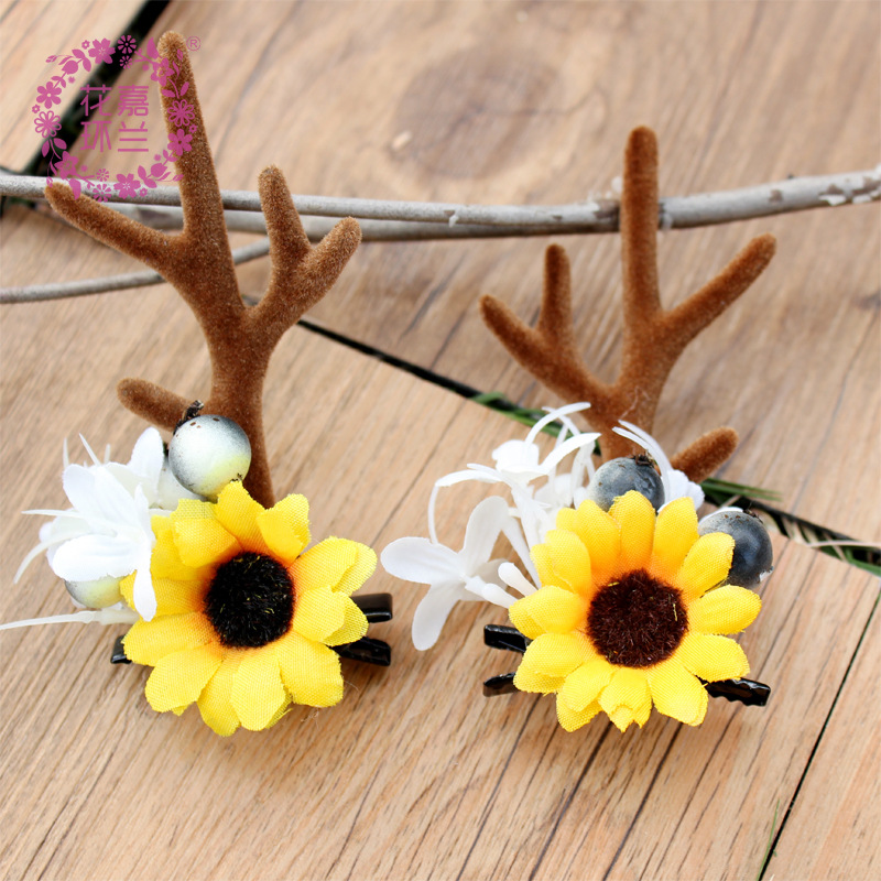 Imitated antler flower cloth art sun flower hairpin girl side clip to clip photo forest portrait hair decoration children