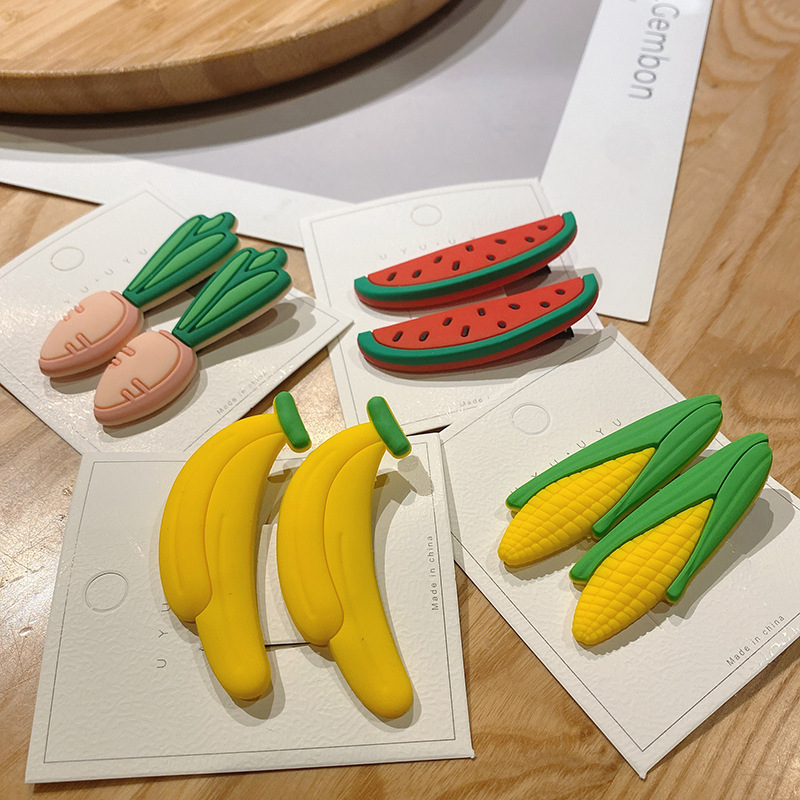 Korean-Style Ins Flexible Glue Fruit Hair Clip Children&#039;s Side Bang Clip Does Not Hurt Hair Cute Baby Hairpin Two Piece Suit