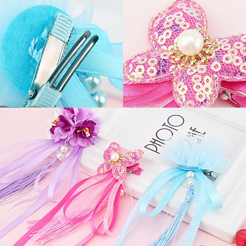 Children&#039;s Han Chinese Costume Headdress Flower Bud Barrettes Girl&#039;s Ancient Style Tassel Buyao Ribbon Hairpin Baby Super Fairy Clip Clip Clip