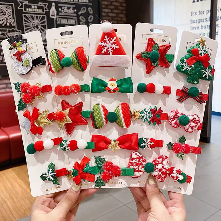 Five-Piece Suit Bow Barrettes Snowman Christmas Tree Duckbill Clip Children Cute Hair Accessories Women Cartoon Hairpin