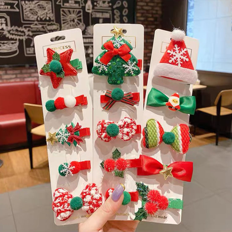Five-Piece Suit Bow Barrettes Snowman Christmas Tree Duckbill Clip Children Cute Hair Accessories Women Cartoon Hairpin